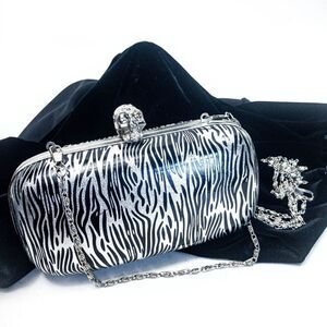 Kate Landry Silver Skull Zebra Hardshell Clutch Evening Bag